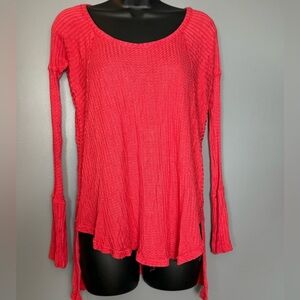 Free People High-Low Coral Waffle Long Sleeve Crew Neck Blouse Womens XS Stretch